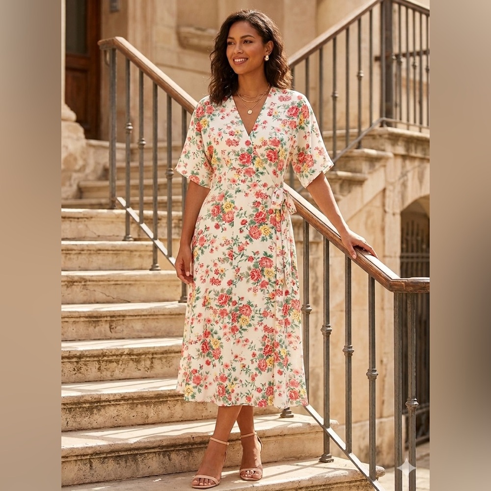 1. State Cream Floral Wrap Midi Dress with Pink and Green Accents